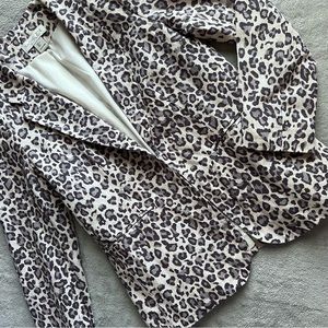 Rachel Zoe Large Linen Blend Snow Leopard Animal Print Open Front Jacket Blazer